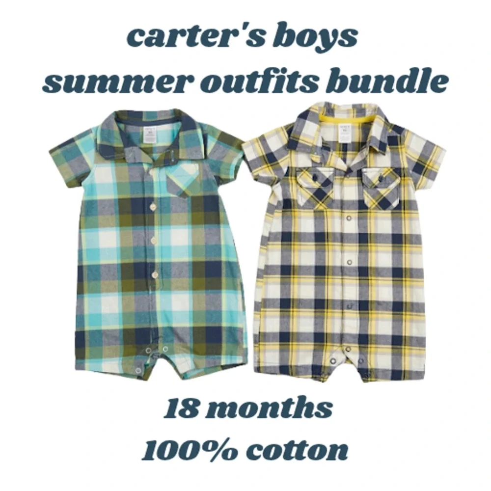 Carter’s Plaid Baby Boys 100% Cotton Romper Bundle 18M | Blue & Yellow